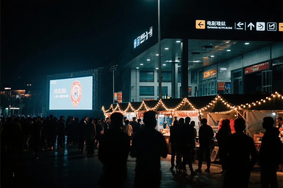 费城球迷广场夜景：大屏观赛人群、步行指示牌与公共交通入口